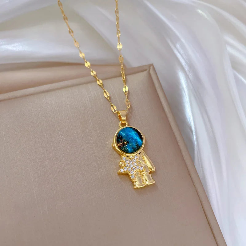 Spaceman Astronaut Star Necklaces For Women Girls Gold Color